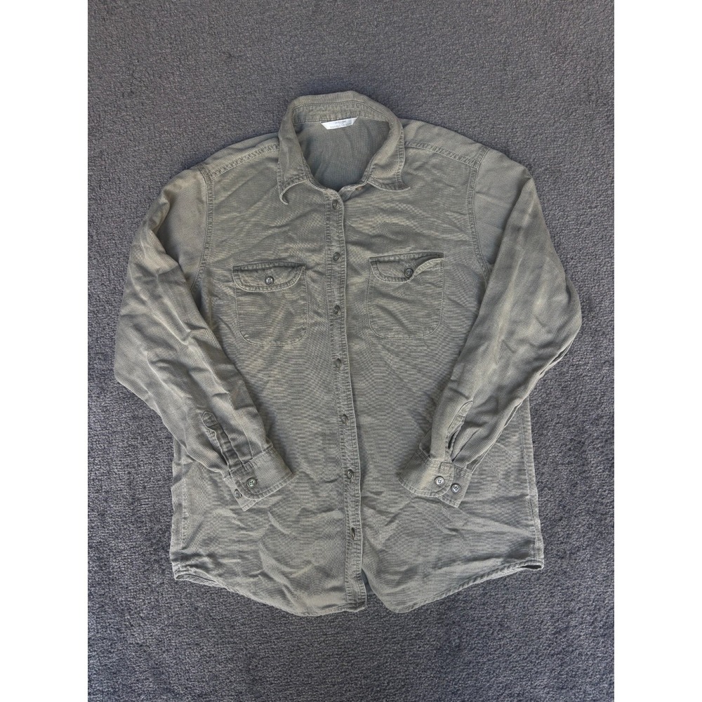 St Michael Corduroy Shirt Women's 10 Olive Green Long‎ Sleeve Pocket Button-Up